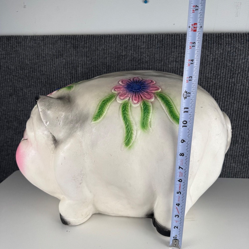 Vintage Large Ceramic Piggy Bank White Pink Floral Hand Painted MCM Kitsch XXL - Picture 7 of 15